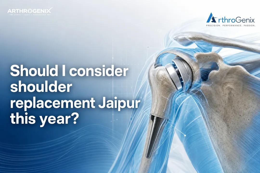 Clean clinical cover graphic illustrating shoulder replacement Jaipur with a stylized shoulder joint.