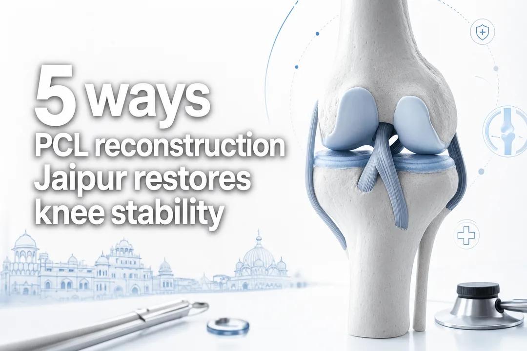 Abstract clinical cover showing knee joint graphics for PCL reconstruction Jaipur and restored stability.