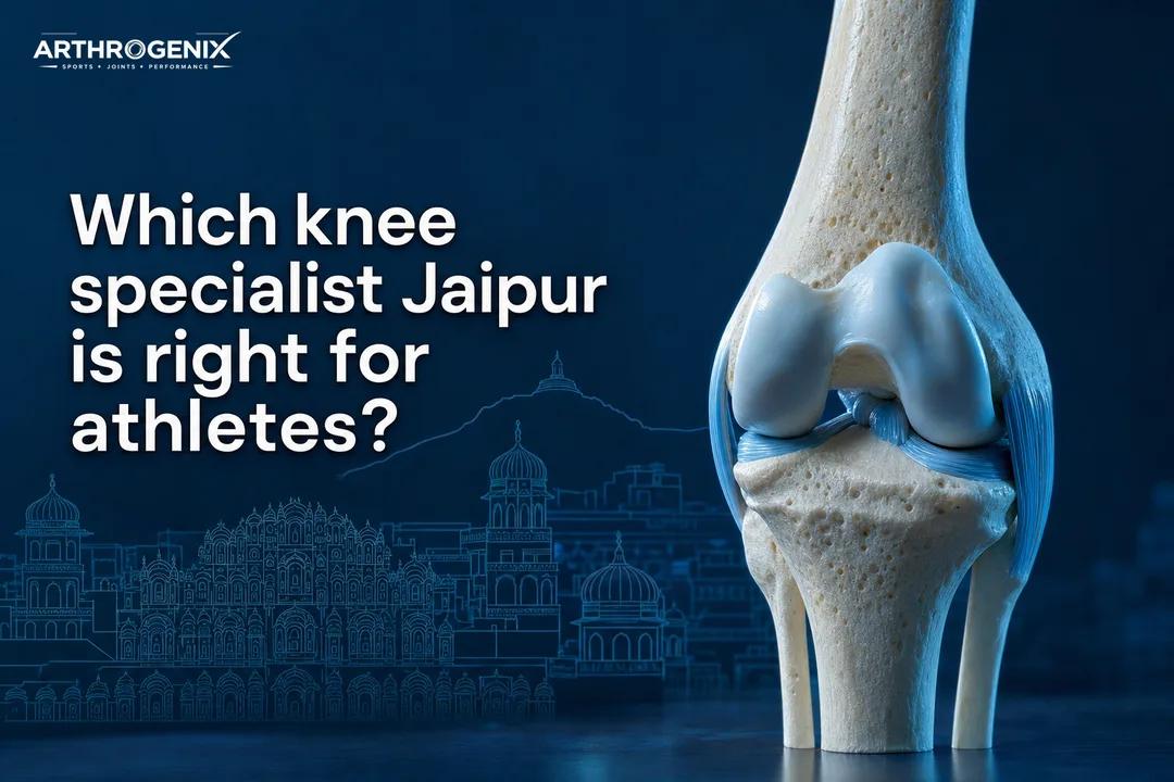 Clean clinical cover with a stylized knee joint and Jaipur skyline for the topic knee specialist Jaipur.