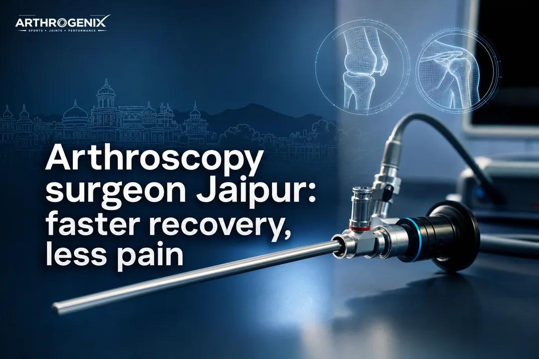 Modern blue cover with arthroscopy tools and joint icons highlighting arthroscopy surgeon Jaipur for trusted sports orthopaedic care.