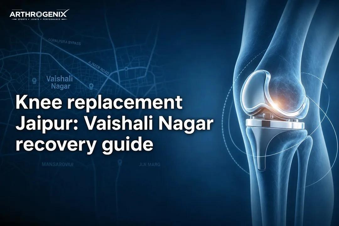 Clean clinical cover illustrating knee replacement Jaipur with a modern knee graphic and Jaipur map accents.