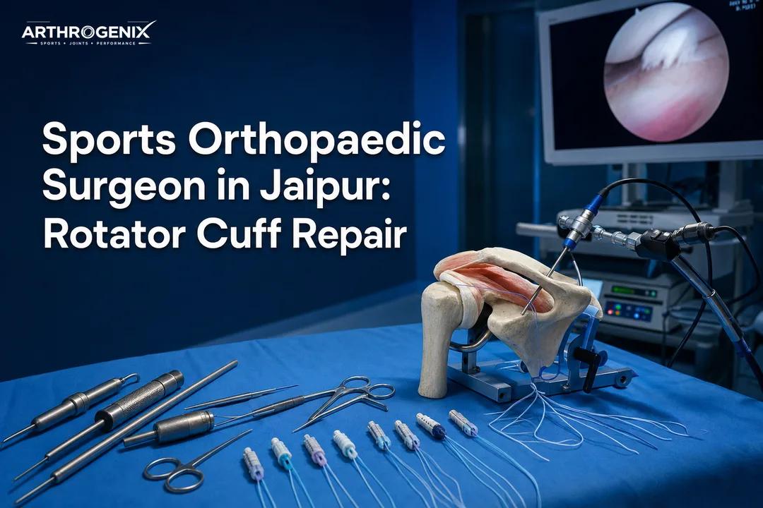 Shoulder arthroscopy instruments arranged for sports orthopaedic surgeon rotator cuff repair planning in Jaipur clinic setting.