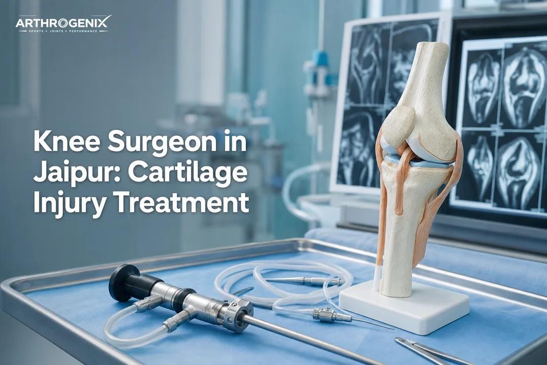 Knee arthroscopy instruments and knee model representing cartilage care by a sports orthopaedic surgeon.